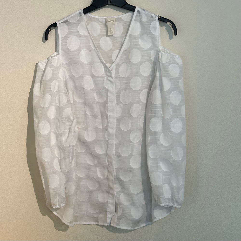 Chico’s White Polka Dot Cold Shoulder Top
